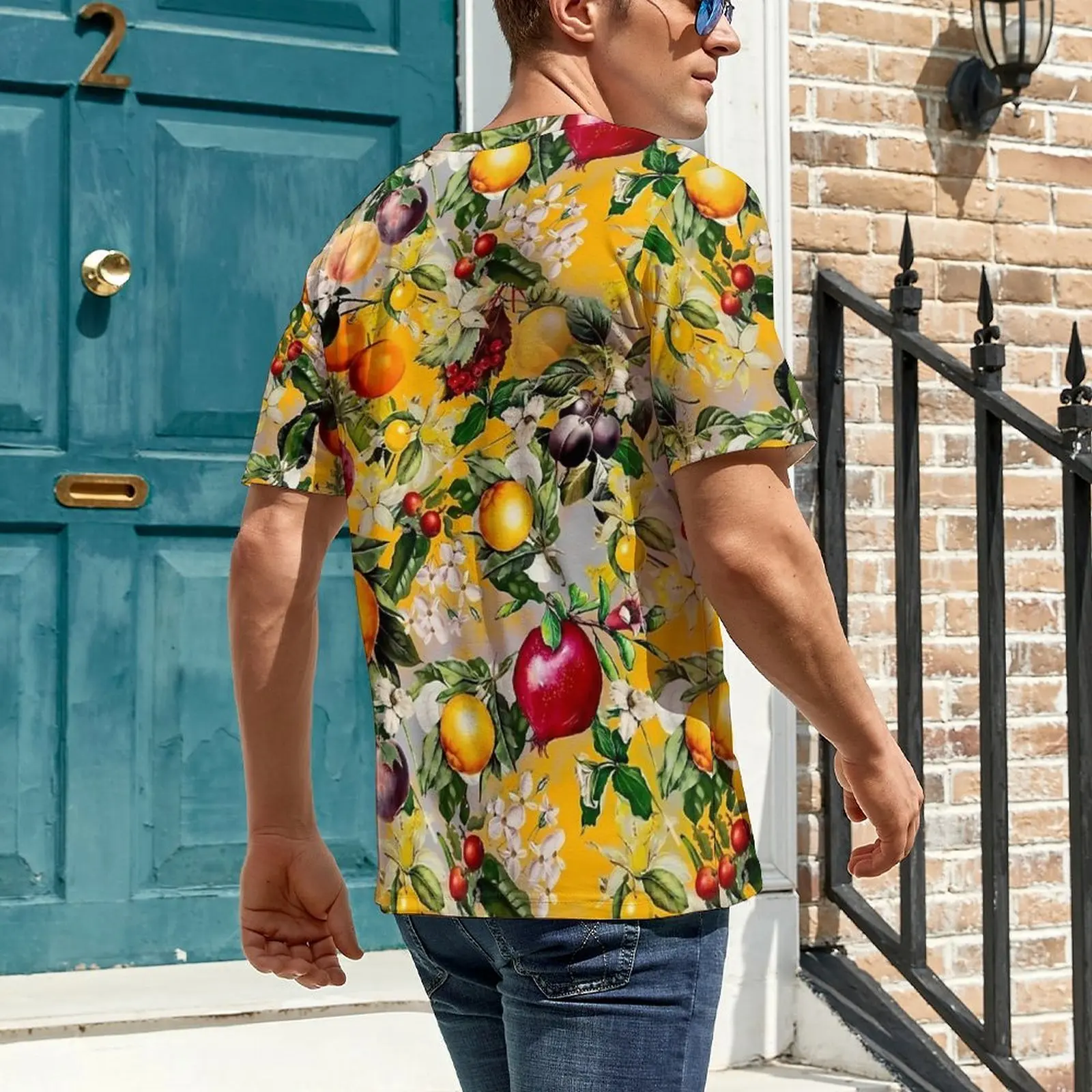 Fruit Print T-Shirt For Men Yellow Floral Pattern O Neck T Shirts Beach Harajuku Tops Short Sleeve Streetwear Oversize Tee Shirt