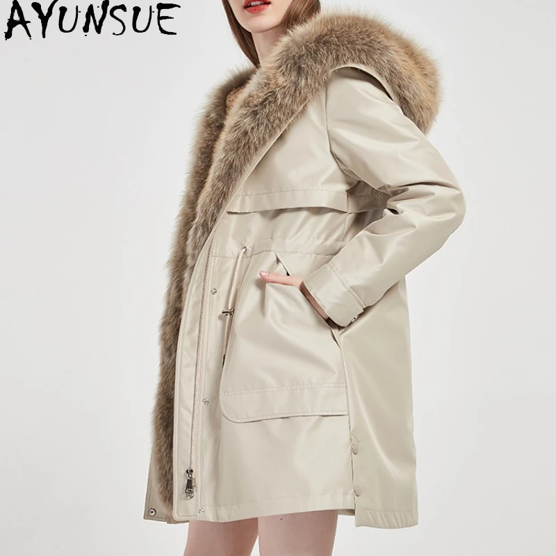 AYUNSUE Parka en vraie fourrure pour femme, doublure de lapin Rex, vêtements d'hiver détachables, Trench-Coat mi-long, col chaud en fourrure de renard, Шу onder