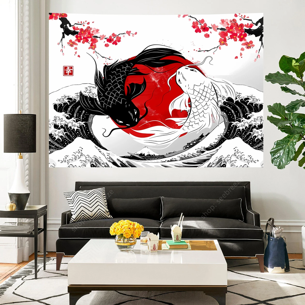 Tapestry Wall Decor Tapestry Anime Japanese Yin Yang Koi Fish Tapestry Red and Black Anime Cherry Art Tapestries Hippie Room
