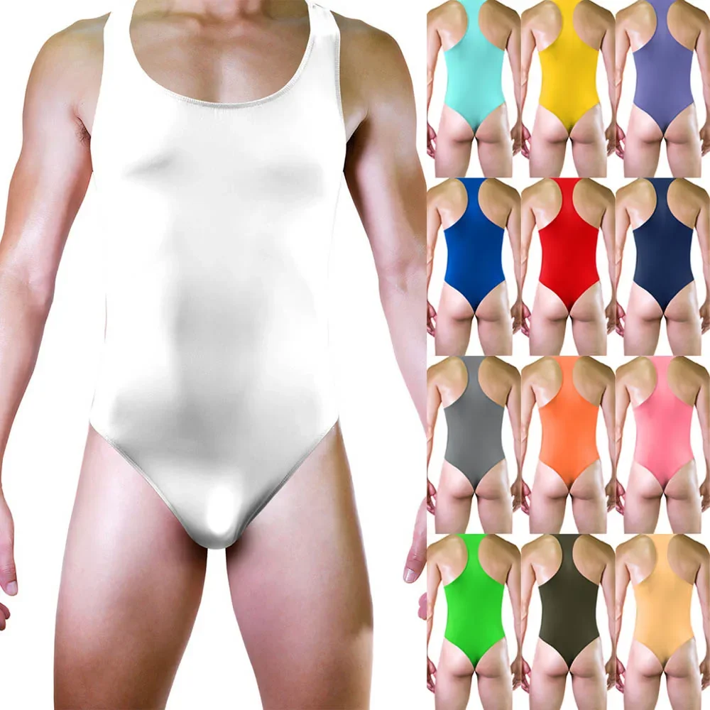 Men Bikinis Bodysuit Sleeveless Underwear Backless Singlet Leotard Cock Pouch G Strings Jumpsuit High-Slit Swimsuit Gay Clothes