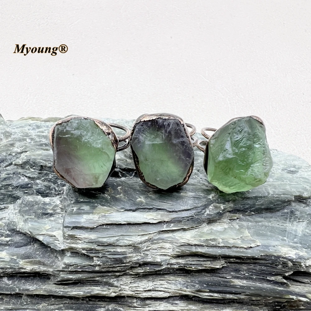 

10PCS Soldering Bronze Plated Vintage Raw Natural Fluorite Crystal Quartz Adjustable Tail Ring For Women MY230602