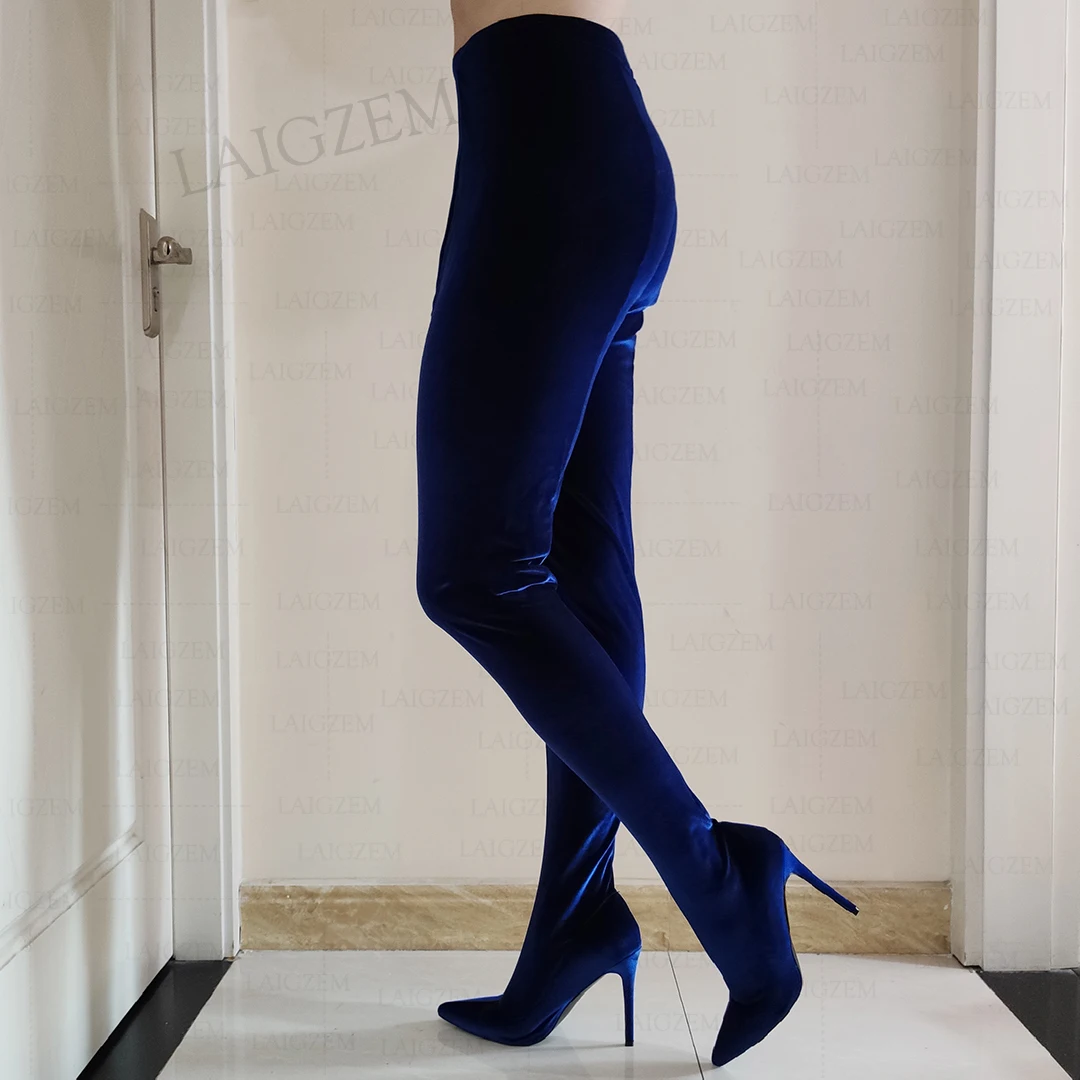 

DOHBANER Pants Boots Elastic Velvet Pull On Stiletto High Heels Thigh High Boots Sexy Cosply Shoes Woman Plus Size 42 43 45 4 47