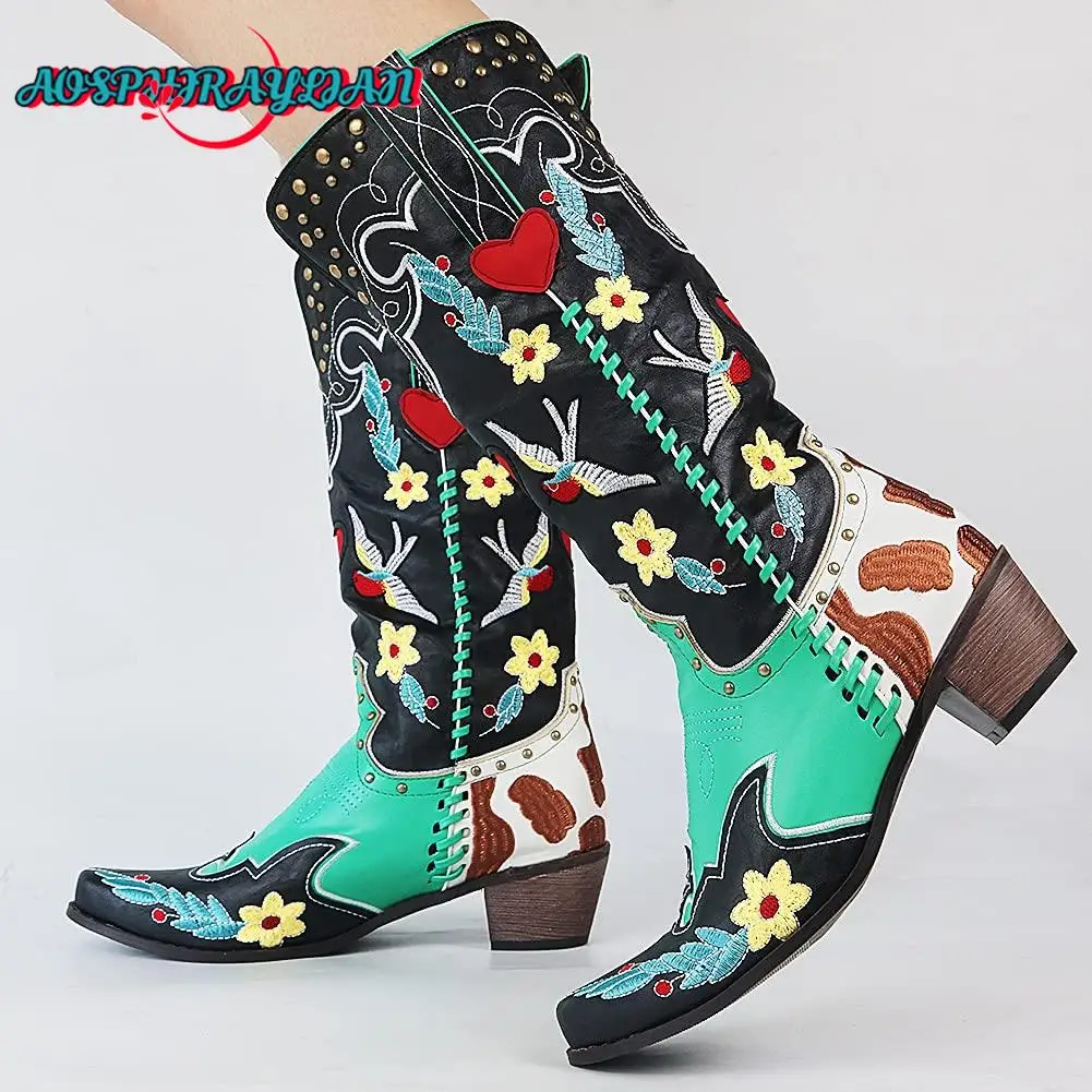 

AOSPHIRAYLIAN Retro Western Cowboy Boots For Women 2023 Sewing Floral Mix Color Embroidery Flowers Patchwork Women's Shoes Boots