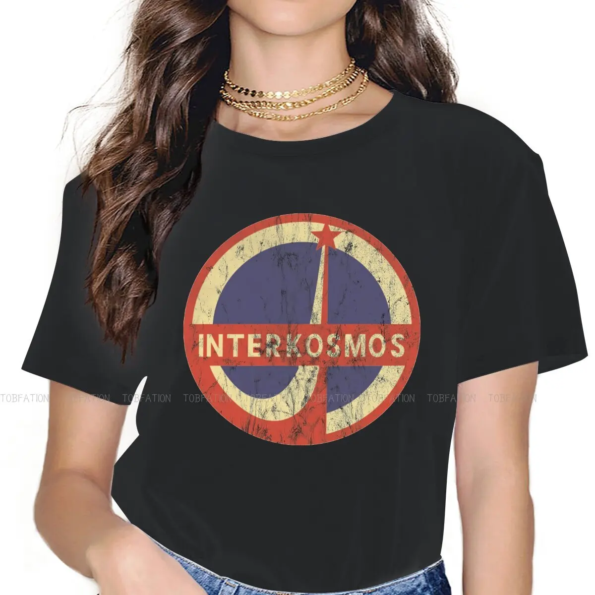 Interkosmos Space Program Logo  Women's T Shirt Russian USSR CCCP Ladies Tees Harajuku Cotton Tops Tshirt 4XL Loose Hipster