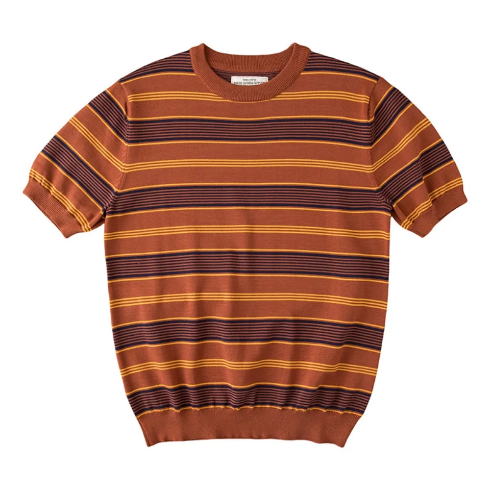 Heavy American retro Ami Kaji round neck stretch striped lycel tensile knitted short-sleeved T-shirt for men in summer