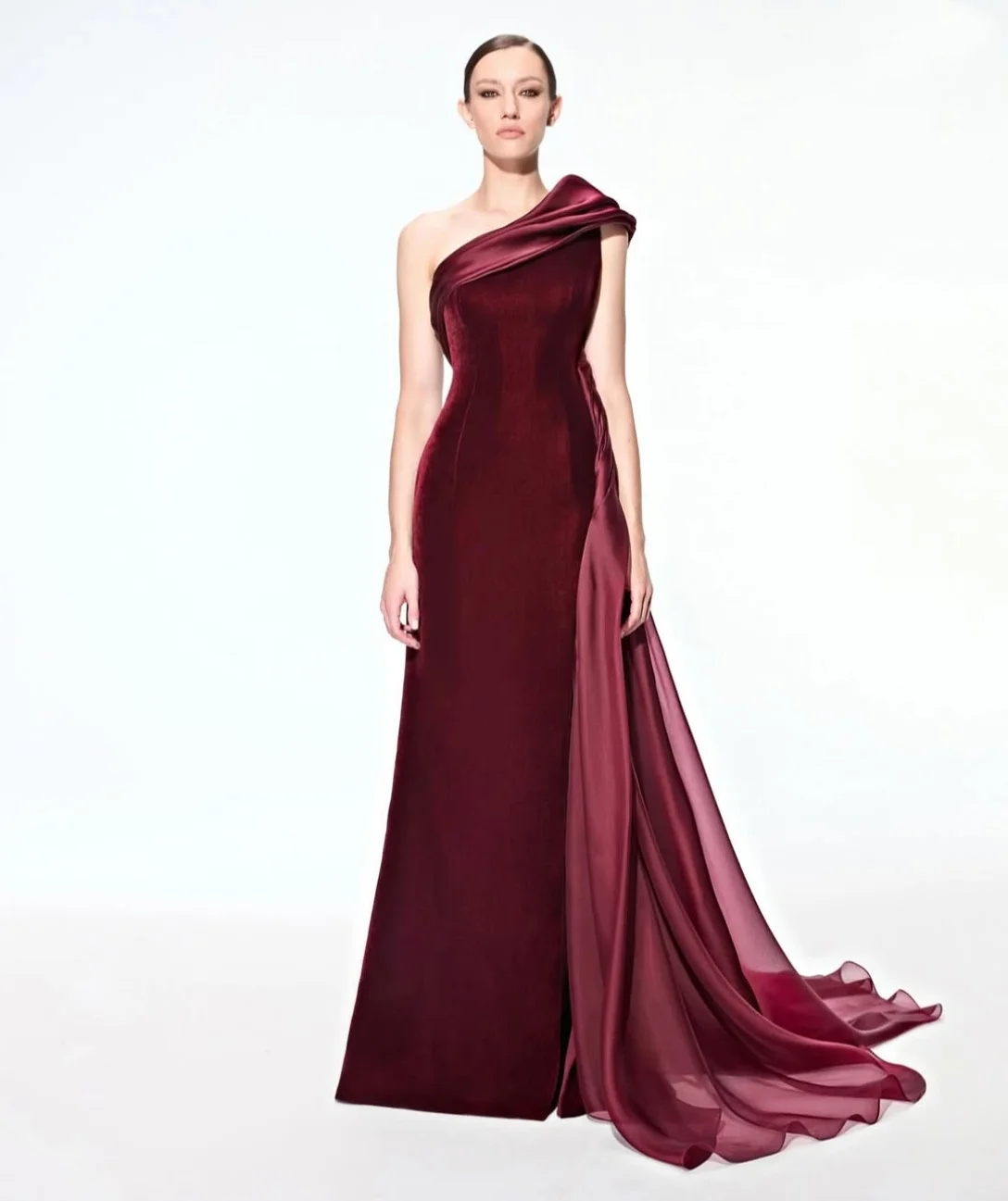 

Customized Long Burgundy Evening Dresses Velvet One Shoulder Mermaid Organza Floor Length Prom Dress Robes de Soirée for Women