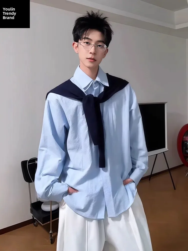 

Съемная синяя полосатая рубашка с длинным рукавом для мужчин, корейский стиль, верхняя одежда для пар, повседневная, приталенная, из полиэфирного волокна