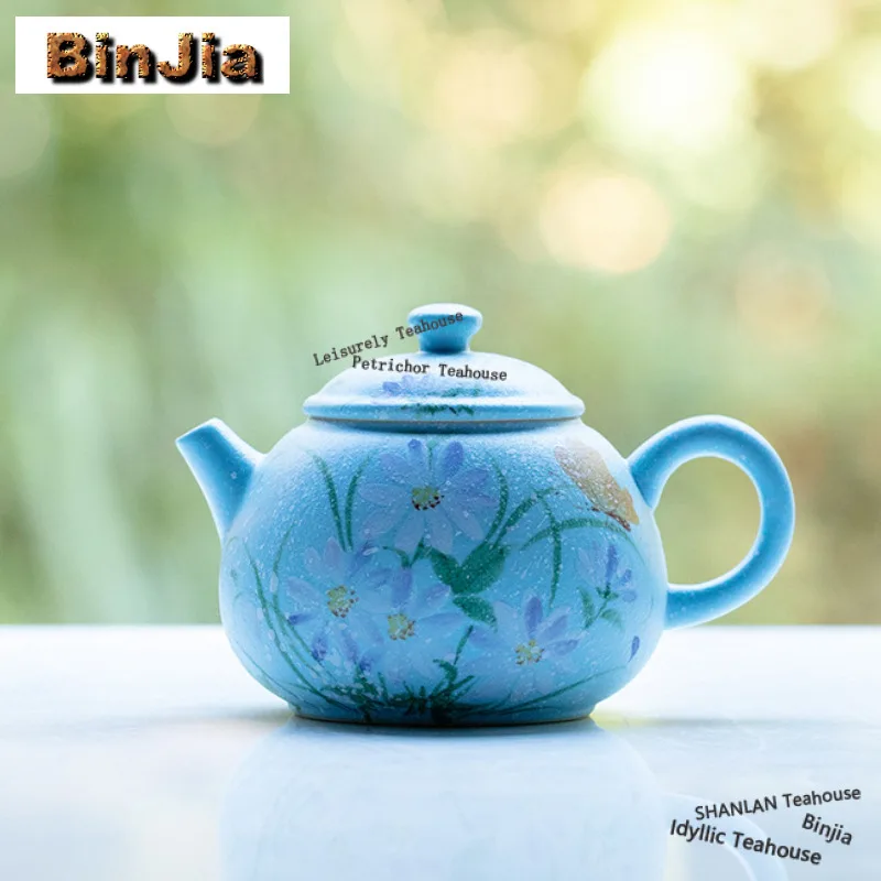 

120ml Lake Blue Flower Stream Teapot Vintage Tea Infuser Pot Tea Brewing Kettle With Ball Hole Chinese Tea Set Ornaments Gifts