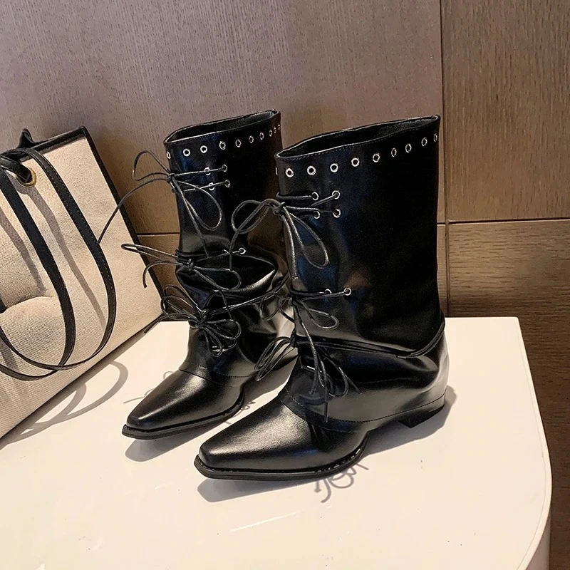 Plus Size Knight Boots Pointed Toe Lace-Up Studded Mid-Tube Fashion Block Heel