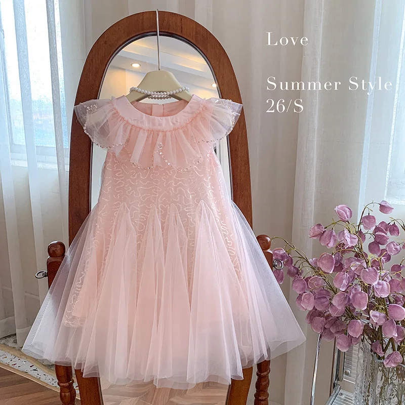 Girl Princess Dress 2026 Summer Children's Sweet Lotus Leaf Collar Fashion Glitter Birthday Mesh Dress