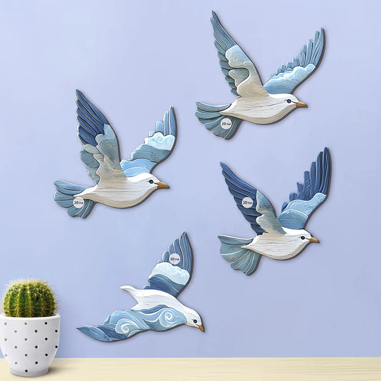 4Pcs Flying Seagull Wall Sign Set, Nautical Beach House Wooden Wall Decor