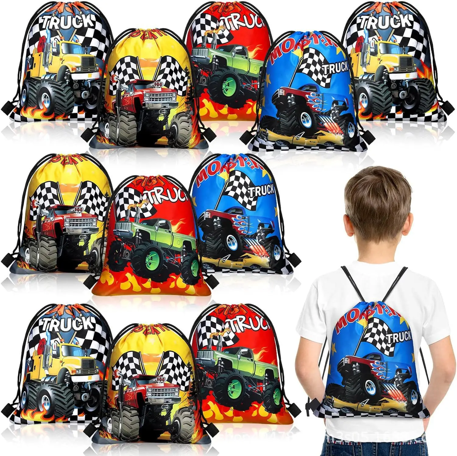 10-50pcs Monster Truck Gift Bags Drawstring Backpack Racing Truck Candy Treats Bags Birthday Party Supplies Kids Birthday Party