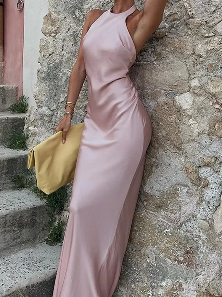 Elegant Round Neck Sleeveless Party Dress 2025 Women Sexy Backless Solid Beach Dress Fashion Lace-Up Waist Slim Satin Long Dress