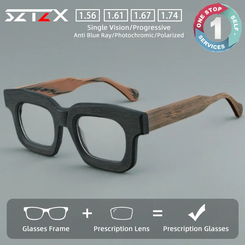 sztzx-カラフルなレトロ厚いスクエアフレーム処方メガネ抗青色光アセテート近視眼鏡累進老眼鏡