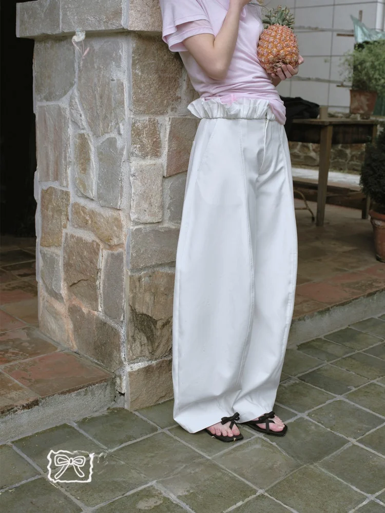 

SA White Simple Arc Cut Casual Balloon Pants High Waist Straight Leg Cotton Polyester Blend Comfortable Women's Faion