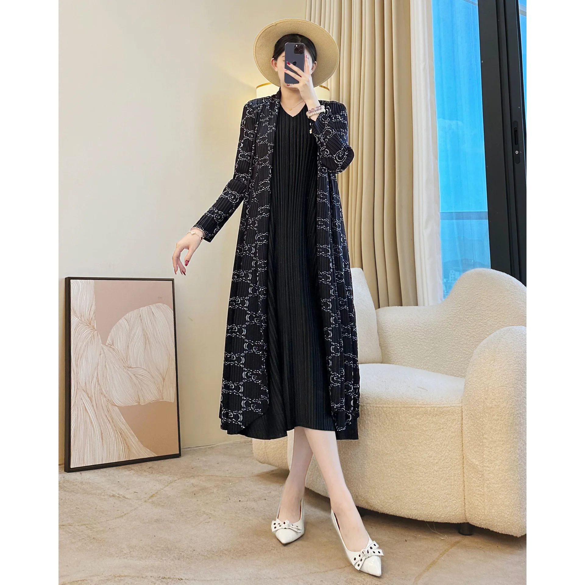 

Miyake Women Long Black Geometric Print Windbreaker Open Placket Casual Chic Fashionable Fashion Avant-garde Jacket 2025 Autumn