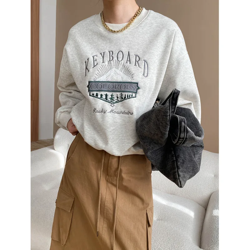 

Women Letter Embroidery Sweatshirts Spring Round Neck Long Sleeve Loose Casual Pullover Tops