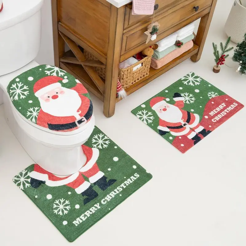 VIKAMA Merry Christmas Toilet Mat with Santa Claus Snowflake Green Print, Xmas Bathroom Rug for Toilet Winter Holiday Decor
