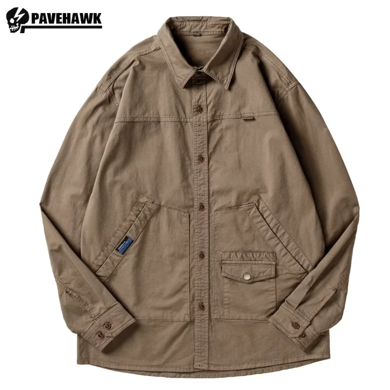 

Khaki Mens Tooling Shirt Jackets Oversized Multi Pocket Wear-resisting Long Sleeved Tops Single Breasted Casual Loose Coat Thin