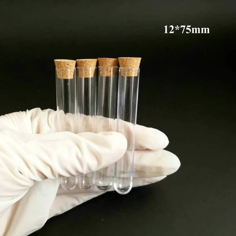 50pcs/lot Dia 12mm to 25mm Hard Plastic test tubes with cork stopper for Experiments, Length from 60mm to 150mm