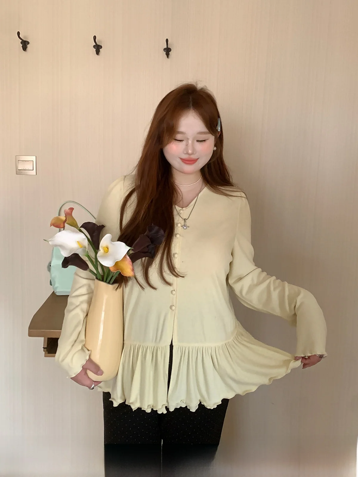 

Loose Casual Knitted Sweater Women's V-neck Inner Wear plus Size Spring New Style Micro Plump Long Sleeve Top