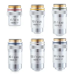 Biological Microscopes Achromatic Objective Lens 4X 10X 20X 40X 60X 100X (oil) 195mm Conjugate Distance Universal RMS thread
