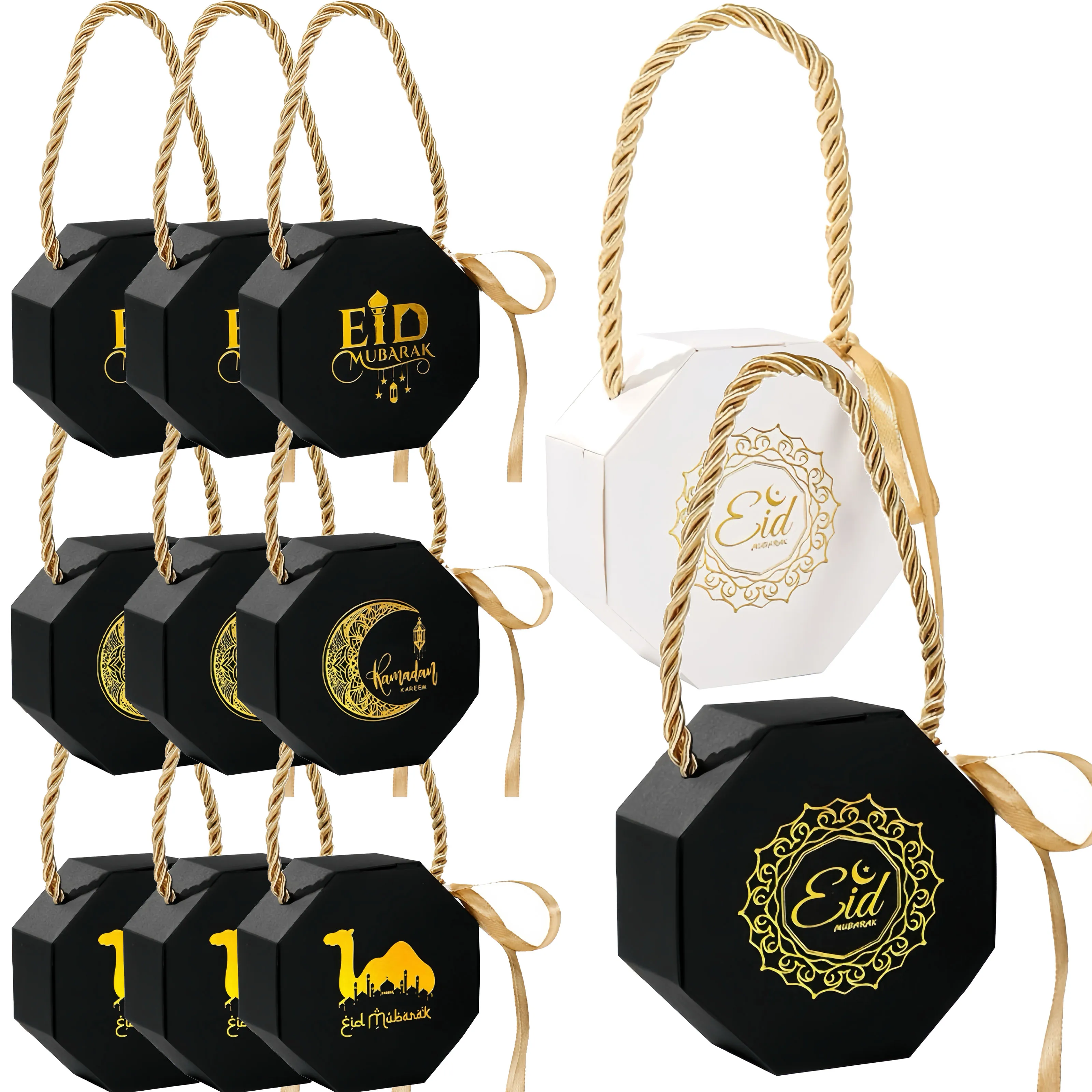 Sacs cadeaux Eid Mubarak, 10 pièces, sacs à bonbons blancs et noirs pour fournitures de fête musulmane islamique du Ramadan, cadeaux de fête