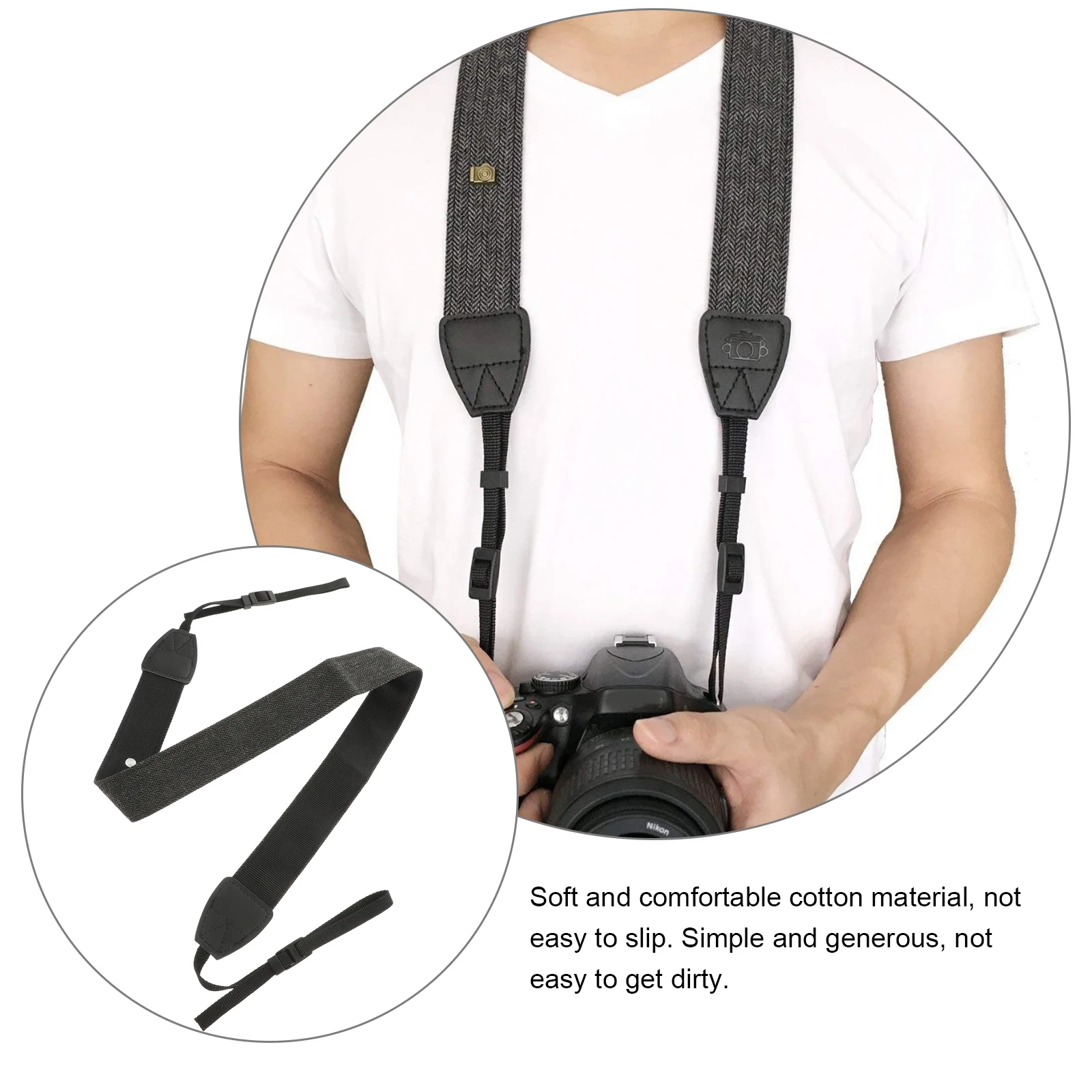 

Vintage Cotton Camera Shoulder Strap for Mirrorless DSLR Adjustable Length Gray Soft Comfortable Anti Slip Photography Accessory