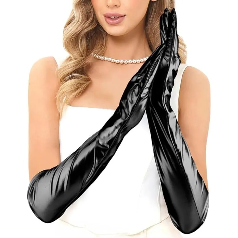 Shiny Solid Color Patent Leather Gloves Hip Hop Skinny Long Gloves Full Finger Punk Etiquette Mittens Photography Props
