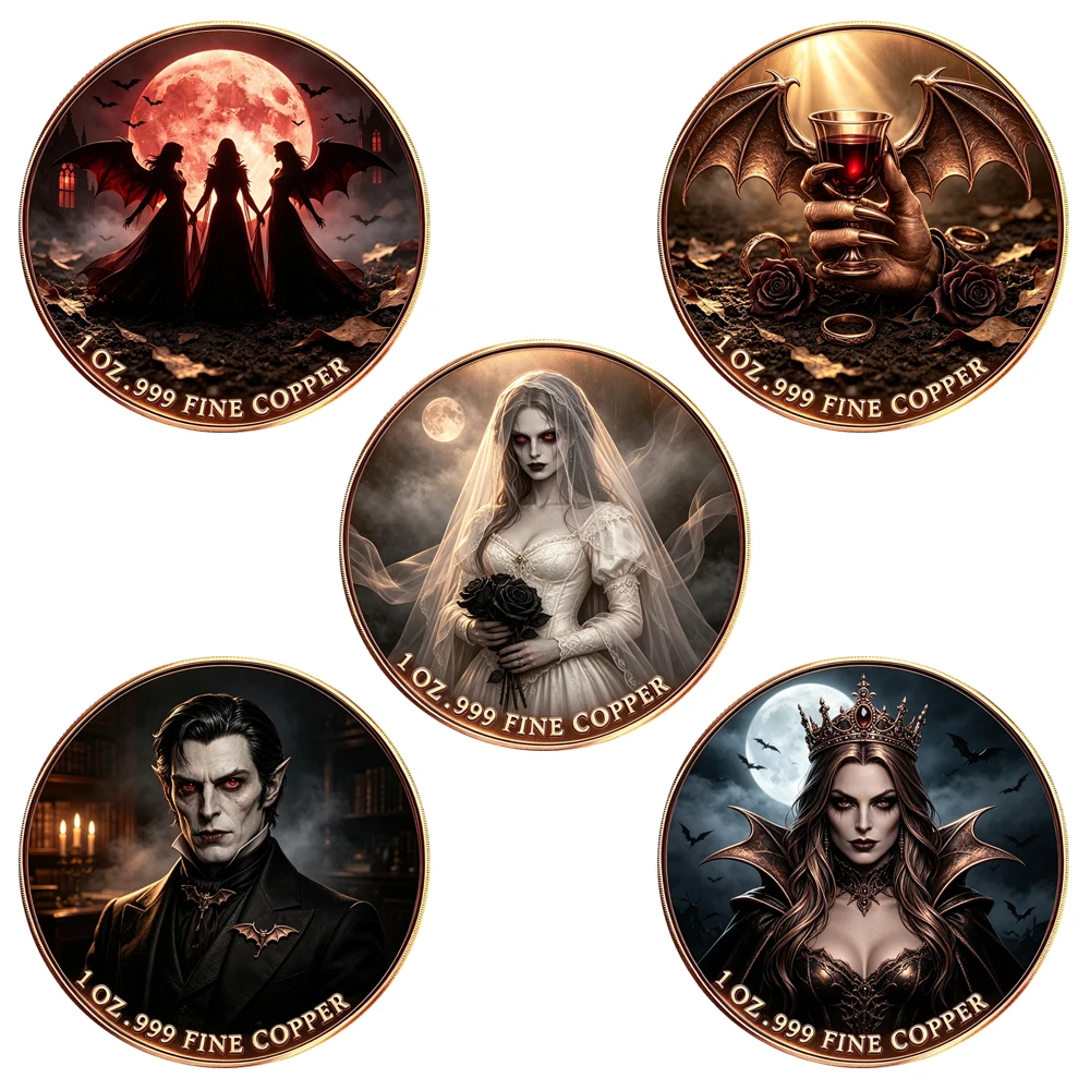 1pc 1 Oz .999 Fine Copper Horror Vampire Challenge Coin Dark Gothic Halloween Commemorative Medal Keepsake Gift  for Goth Lovers
