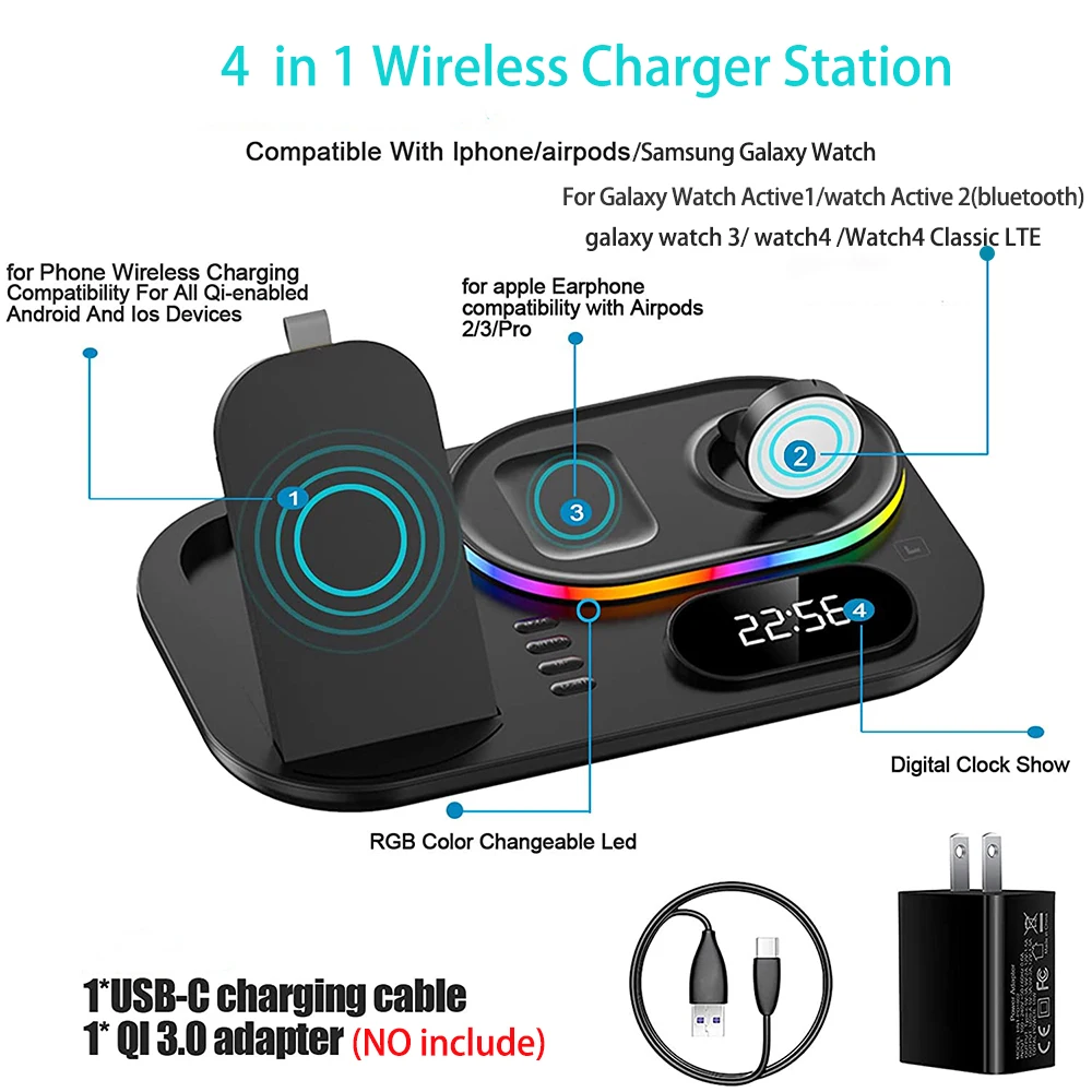 30W Wireless Charger 3 in 1 Stand RGB Time Display Dock For Samsung S22 S21 Ultra 15W Fast Charging Station For Galaxy Watch 5 4