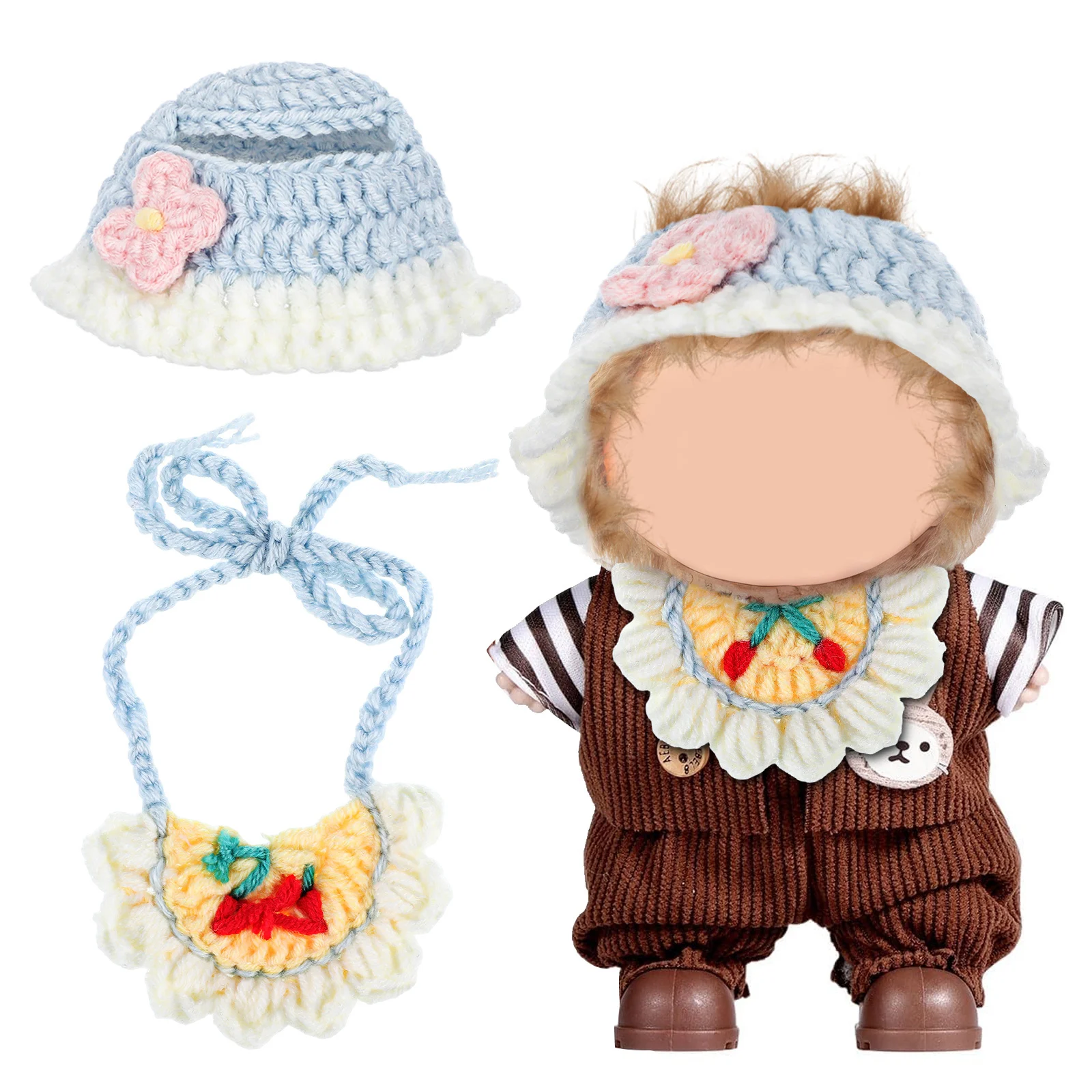 

1Set Soft Fabric Hat Bib Knitted Set for 17cm Baby Outfit Photo Props Mini Accessories Baby Outfits