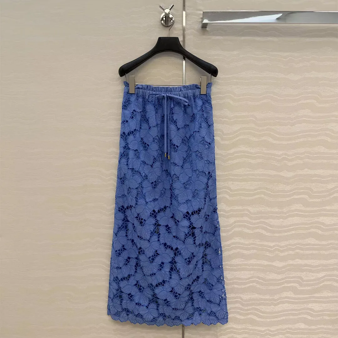 2026 New Summer Fashion Floral Lace Hollow Out Long Skirts Womens Elastic High Waist Straight Loose Sweet Skirti