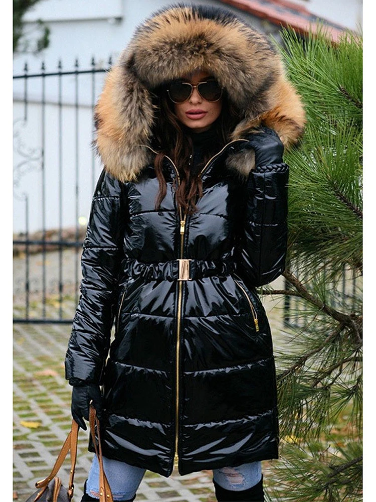 

2023 Winter Faux Fur Hooded Jacket Padded Coat Women's Thick Warm Shinny Coat Slim Fit Wadded Parkas Long Jacket Female Outwear