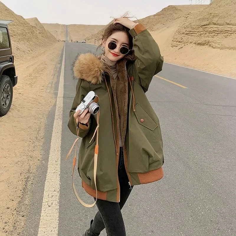 Military Green Workwear Parker Cotton Jacket Women Mid to Long Length 2024 Model Short Winter Cotton Coat With Thick Fleece Coat