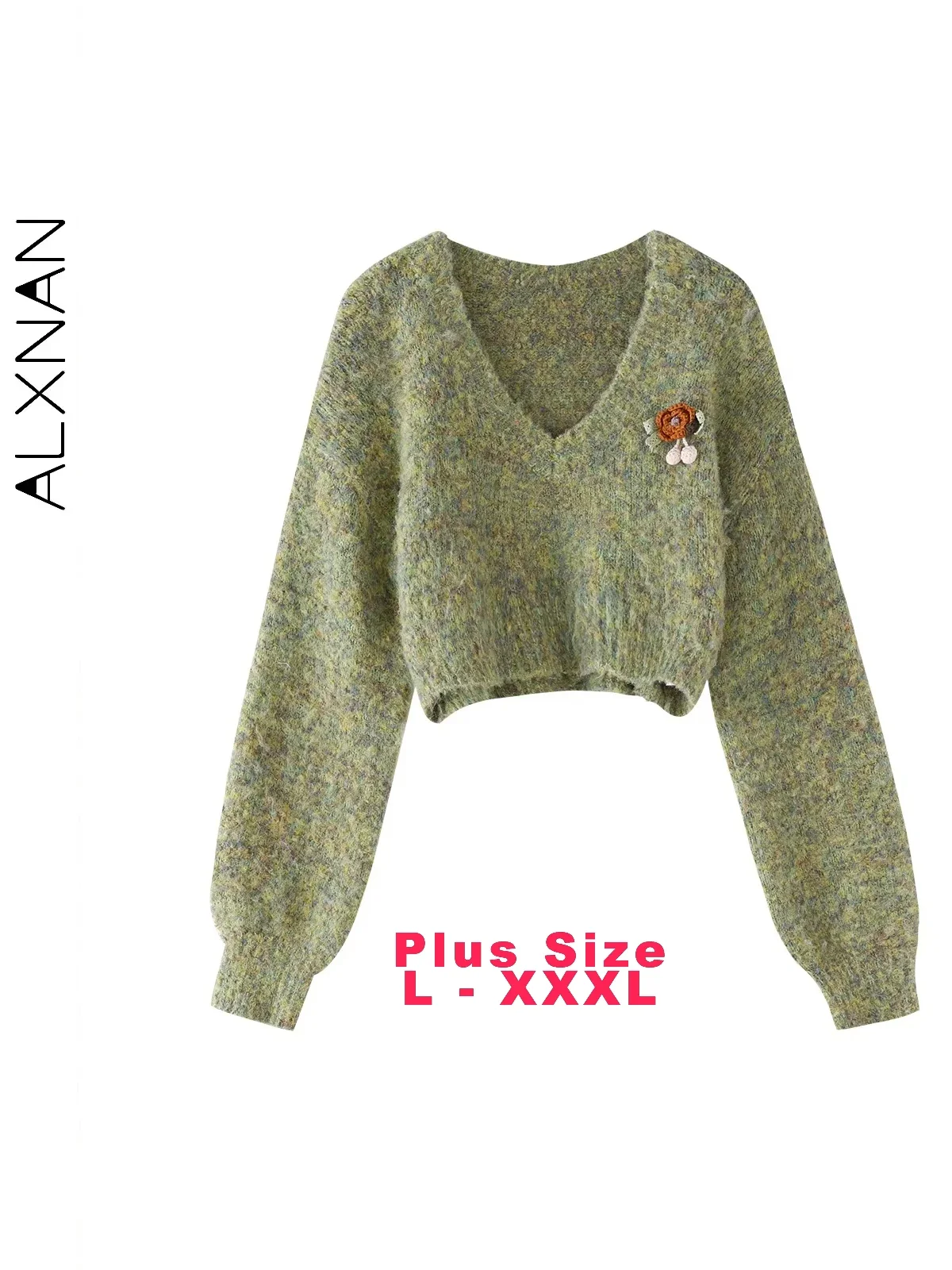 

ALXNAN Women's Cropped Plus Size Pullovers Trendy V-neck Lantern Sleeve Detachable Brooch 2024 Autumn Winter Knit Sweater D07861