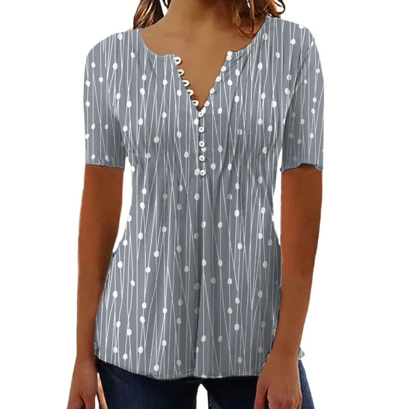 2024 Europese En Amerikaanse Lente/Zomer Nieuwe V-Hals Polka Dot Shirt Met Korte Mouwen En Print Trui