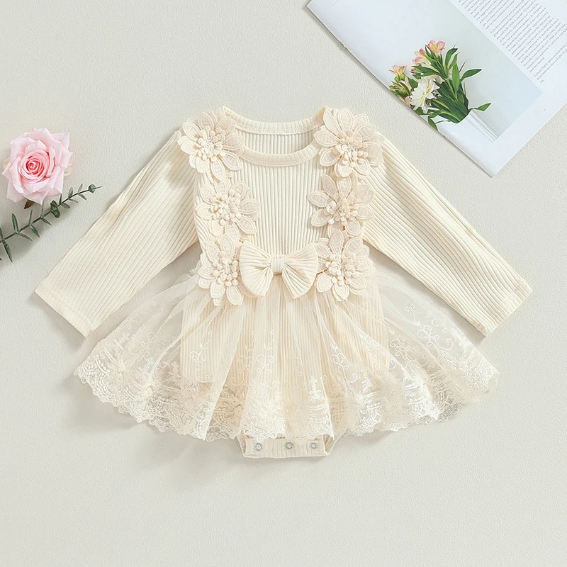 Newborn Baby Girl Princess Rompers Long Sleeve Flower Bow Tulle Patchwork Bodysuit Jumpsuit Baby Spring Autumn Clothing 0-18M