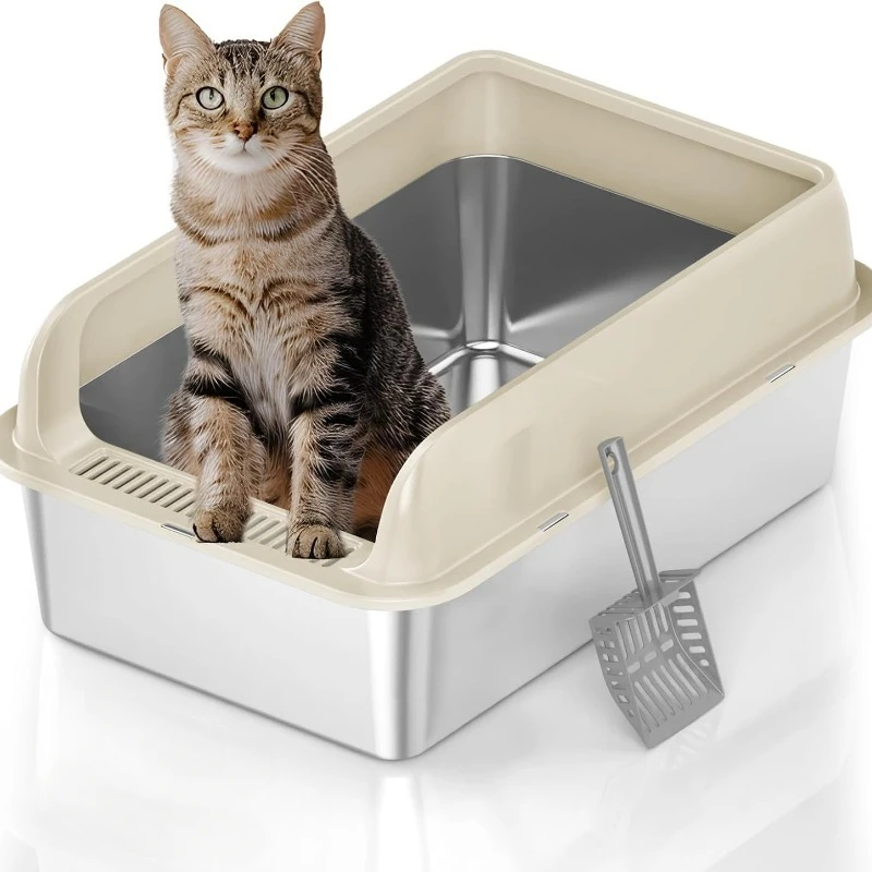 High fence oversized cat toilet semi-enclosed litter box, large litter box provides plenty of space to move around（khaki）