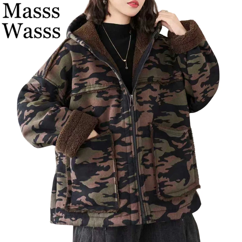 

Masss Wasss 2025 Winter Fashion Camouflage Parkas Women Loose Warm Hooded Fur Padded Jackets Ladies Casual Vintage Thicken Coats