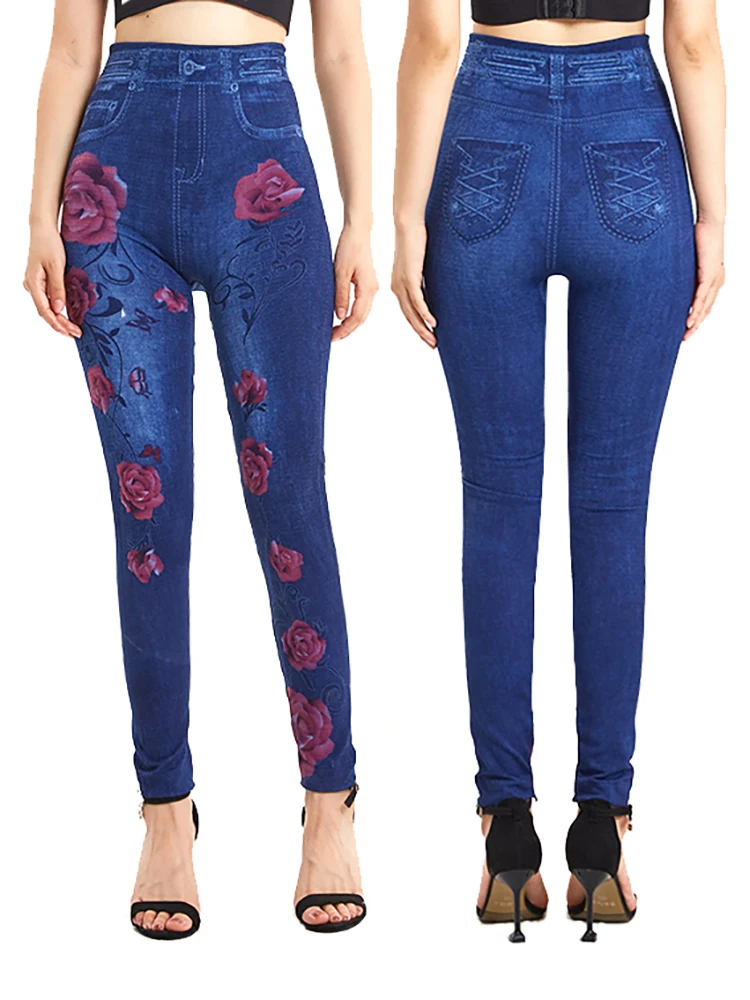 VISNXGI Stretchy Floral Print Soft Leggings Fake Jeans Plus Size Women Pants Casual High Waist Jeggings False Denim S-3XL