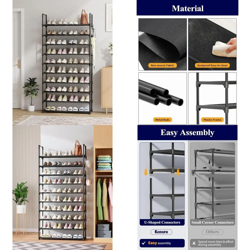 

10-уровневая полка для обуви большой вместимости с крючками, компактный органайзер для дома, 32,2 x 11,8 x 68,5, черный