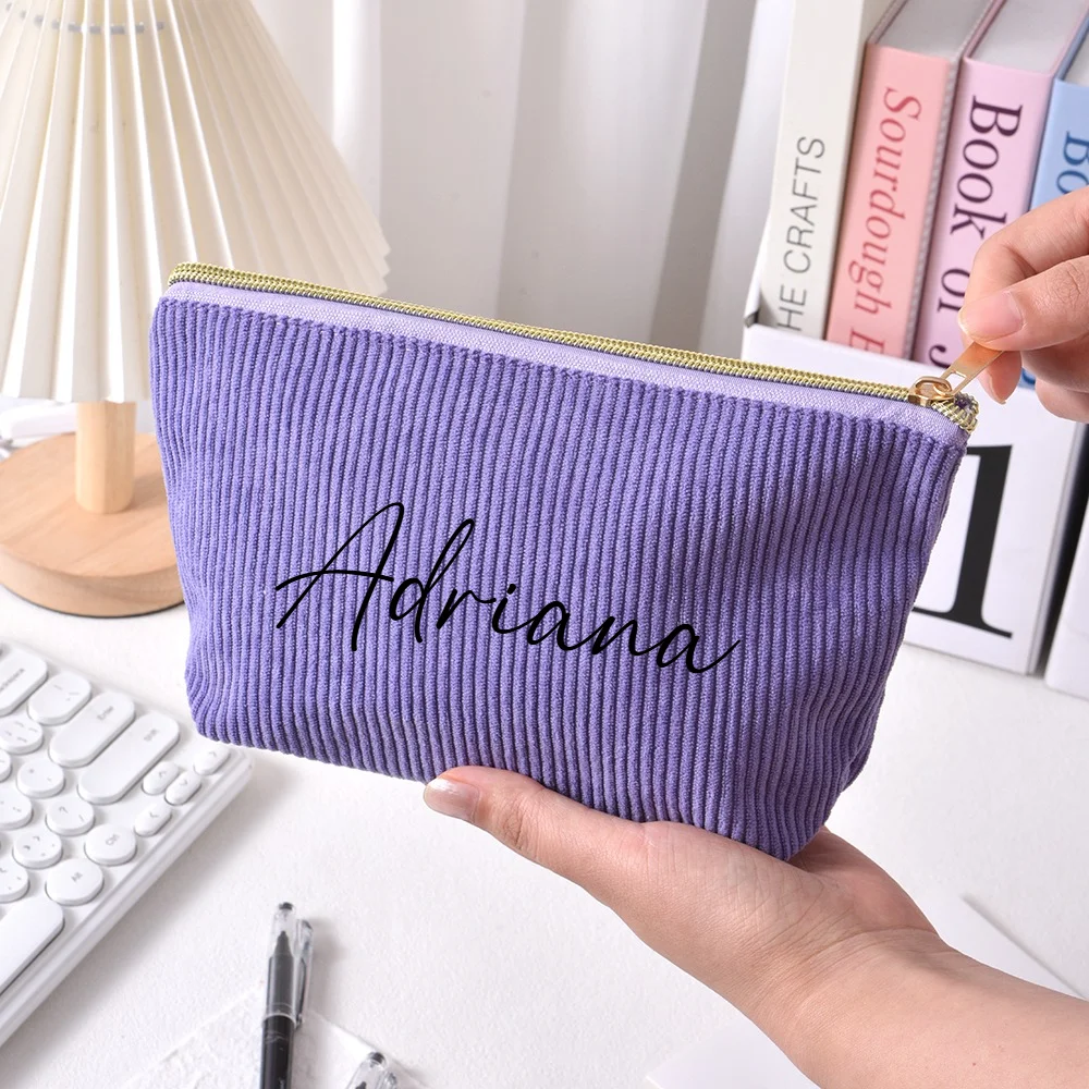 (Custom Name) Large-Capacity Portable Corduroy Makeup Bag, Toiletry Bag—Perfect for Holidays and Back-to-School Season Gifts