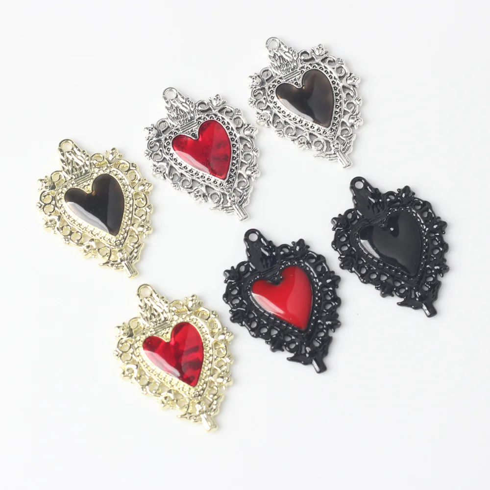 10pc Christian Acred Sacred Heart Alloy Charms Mexico Milagro Flame Heart Pendant Shiny Silver Plated Tones Fit Jewelry Making