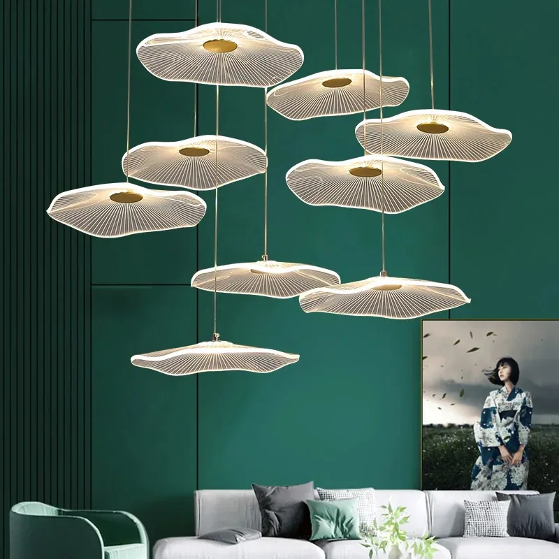 

Biewalk Nordic Chandelier Lotus Leaf Shaped Lamp Acrylic Remote Control Dimming Villa Staircase Living room Hotel Chandelier