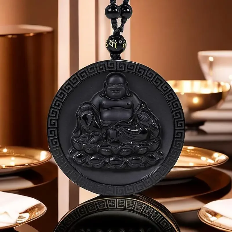 Obsidian Maitreya Pendant Natural Necklace Black Real Buddha Amulet Gift Stone Accessories Luxury Pendants Jewelry Vintage