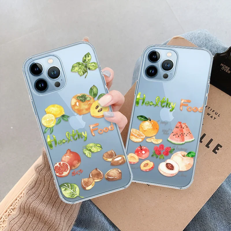 Fruit and Vegetable Phone Case for iPhone 15 14 13 Pro Max Mini XR XSMax 7 8 Plus SE 12 11 Luxury Transparent  Soft TPU Fundas