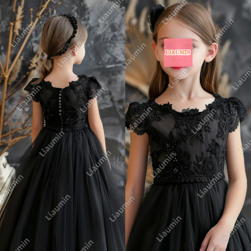 

Black Flower Girl Dresses Short Sleeve Beading Tulle Princess Lace Applique First Communion Formal Pageant SKirt Kids W17-4.10