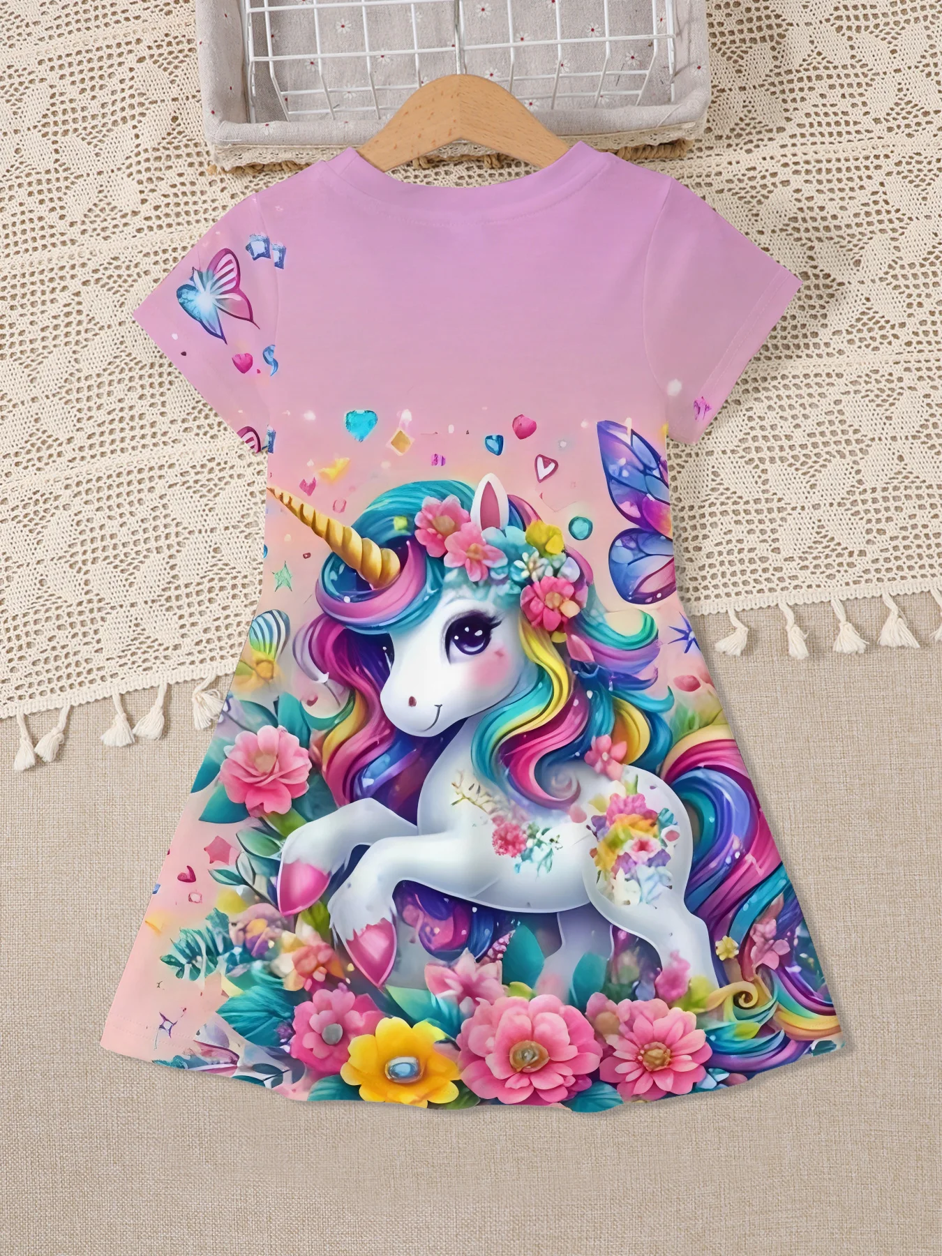 Summer Girls' 3D Unicorn Pattern Pink Short Sleeve Dress, Elegant Princess Dress, Casual Party Outfit, Essential for Girls