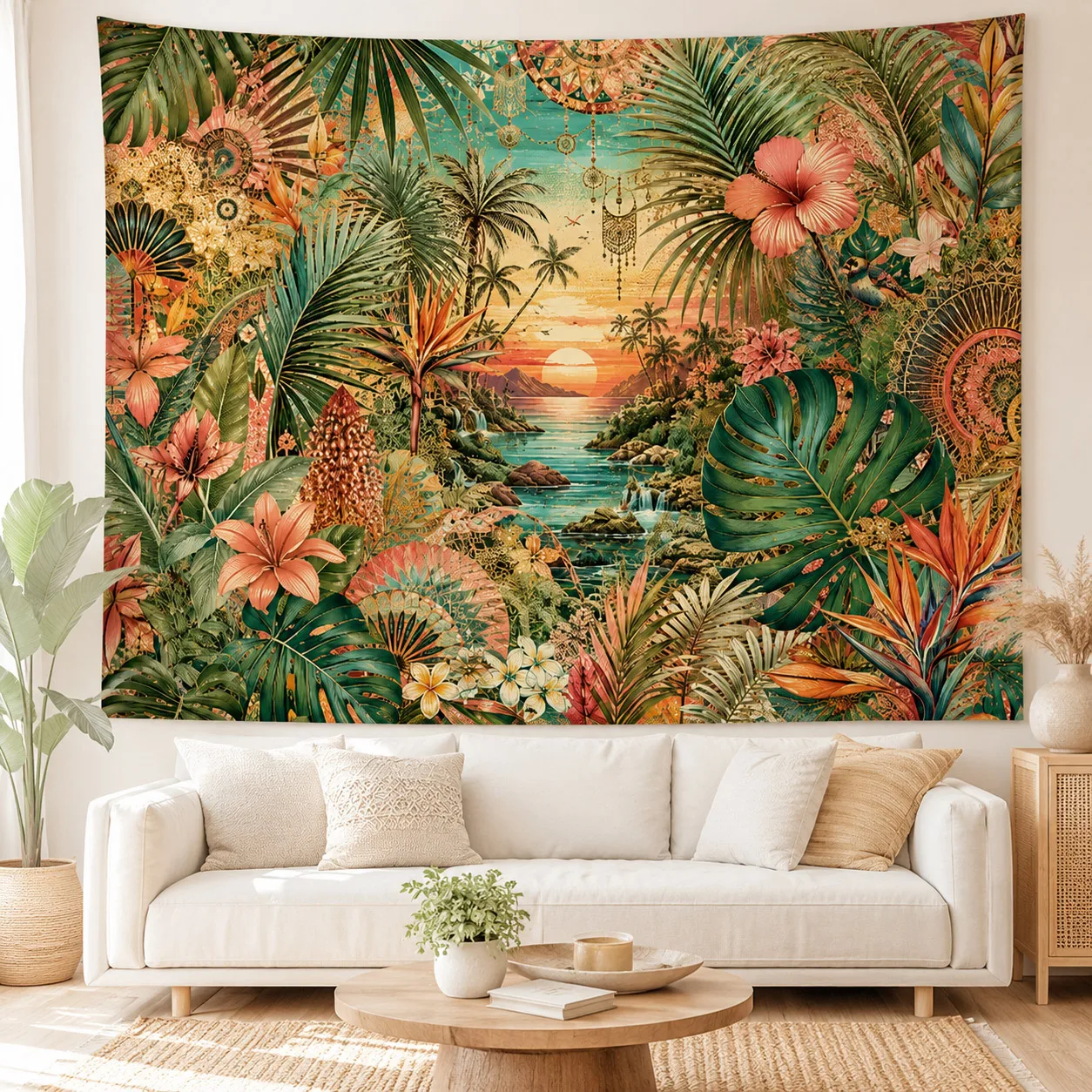 Boho Tropical Sunset Tapestry Palm Tree Jungle Floral Wall Hanging Coastal Beach Wall Art Bedroom Living Room Decor